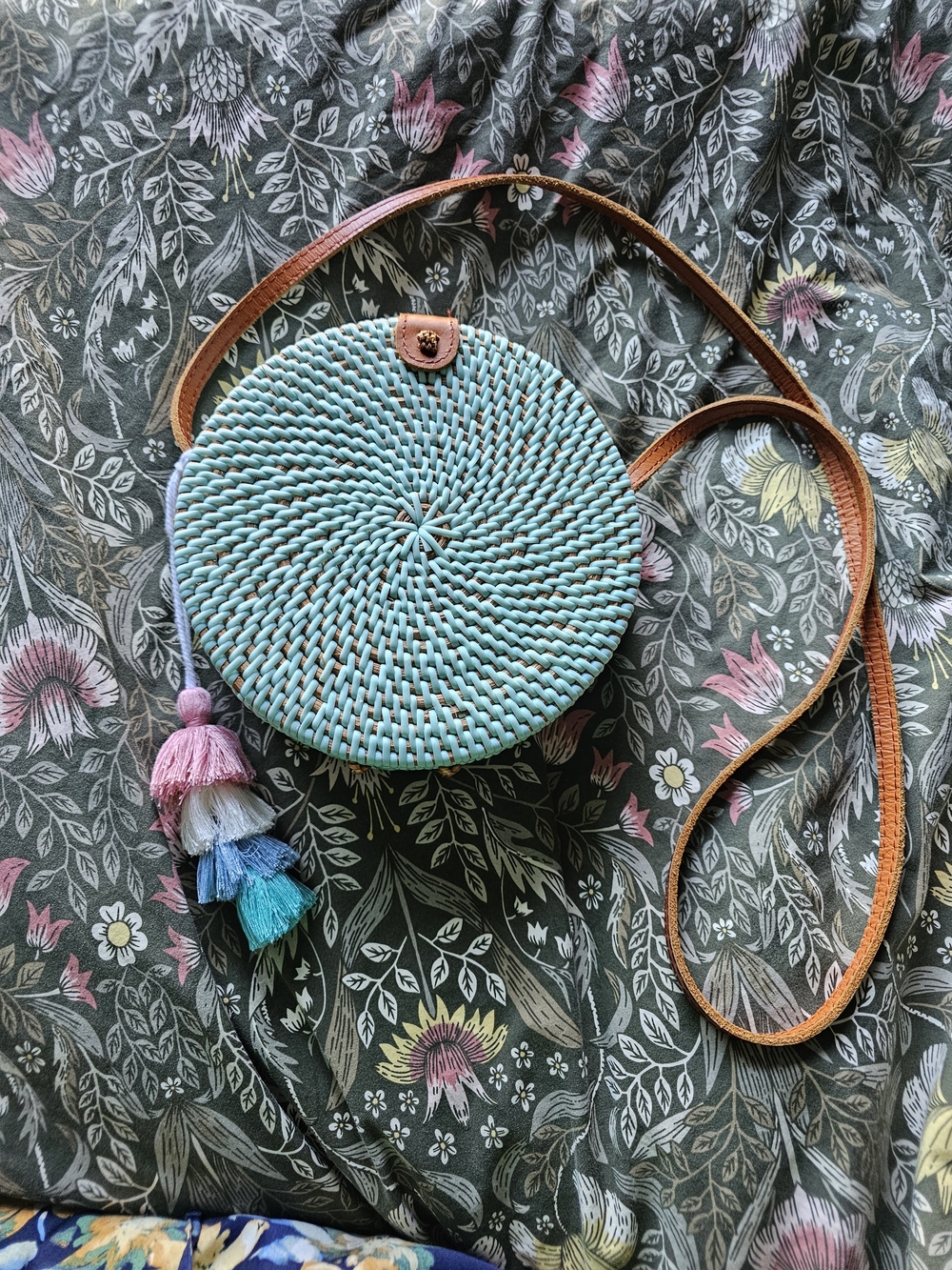Round Aqua Woven Crossbody Bag with Multicolor Tassel